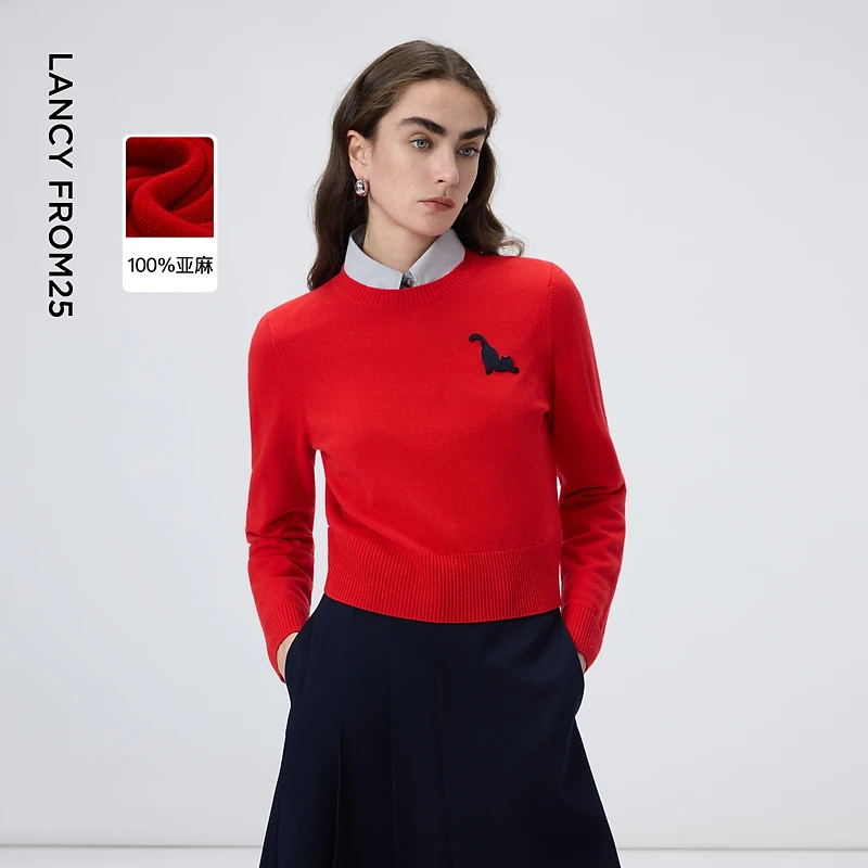 【MONEY HONG】朗姿纯绵羊毛圆领刺绣通勤针织衫女2026年春季新款