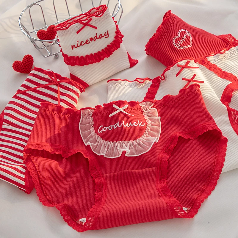 A类婴儿棉内裤幸运结婚喜庆刺绣红兜蕾丝中腰学生透气三角裤少女