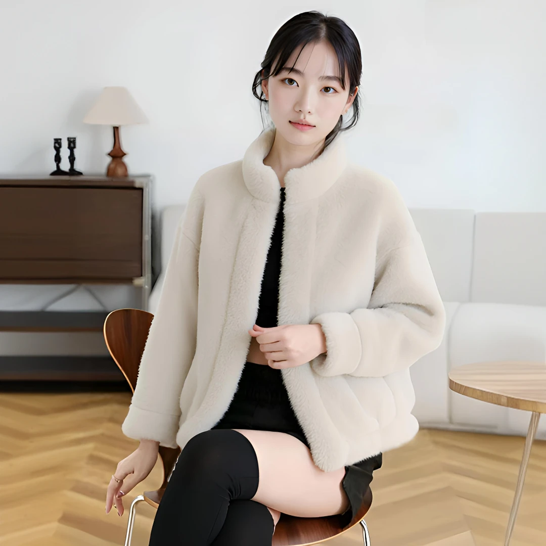 2025新款上衣女短外套秋冬厚皮毛一体立领时尚短款洋气简约保暖