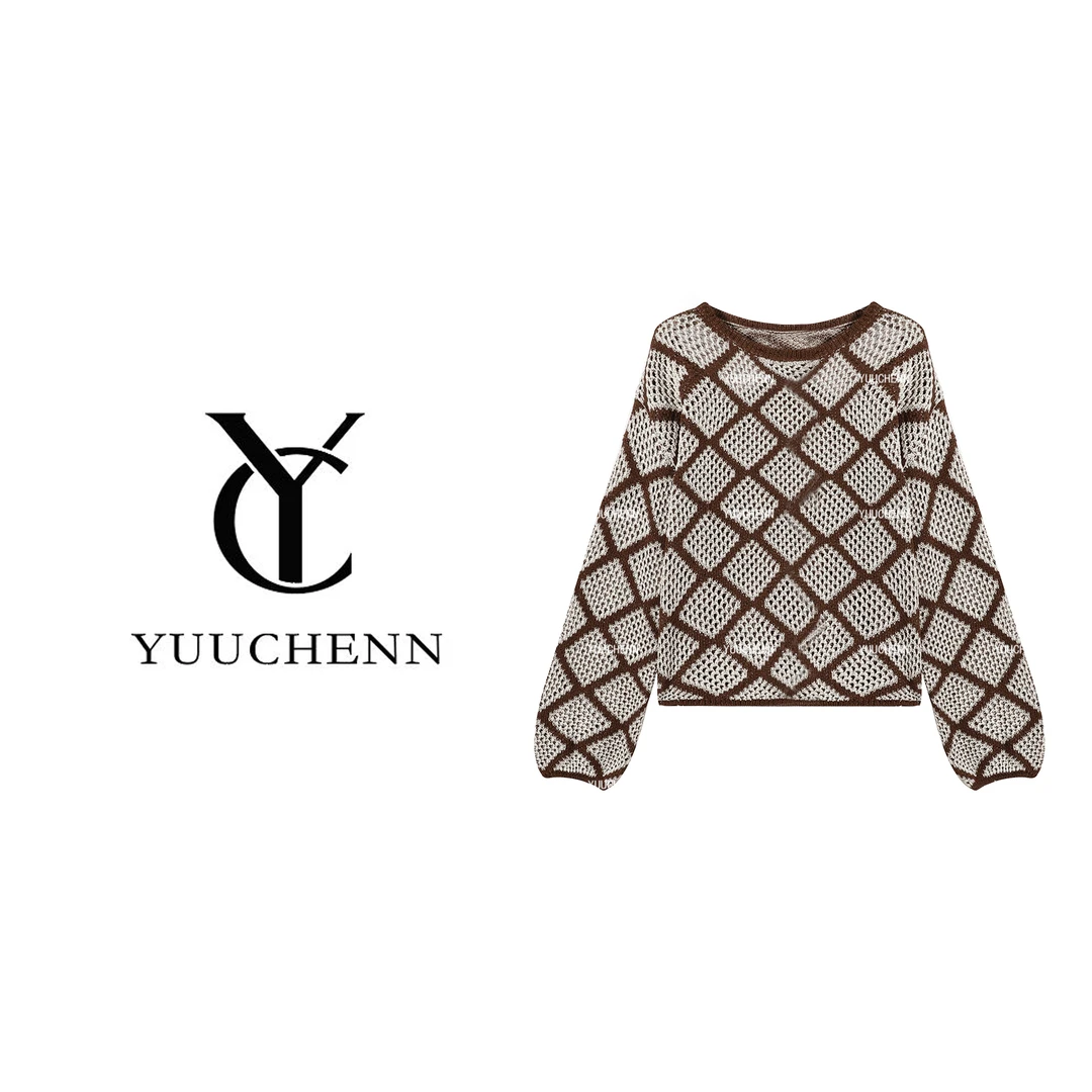 YUUCHENN 圆领格子毛针织衫女套头轻熟风上衣JYY-6690