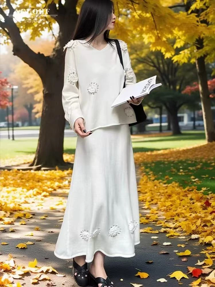 设计感法式立体手工山茶花重工上衣+半身裙毛针织两件套秋冬新款