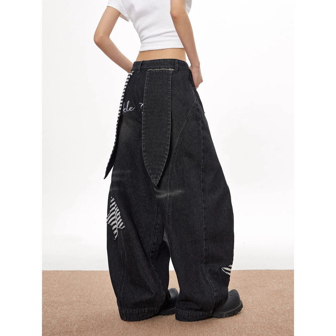 美式复古hiphop牛仔裤男女小众设计感弯刀裤宽松阔腿裤高街长裤子