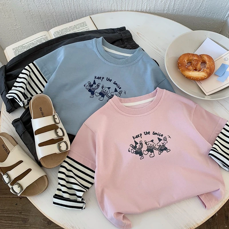 派对小狗·韩系男童长袖春款卡通假两件t恤女宝打底衫儿童上衣洋气