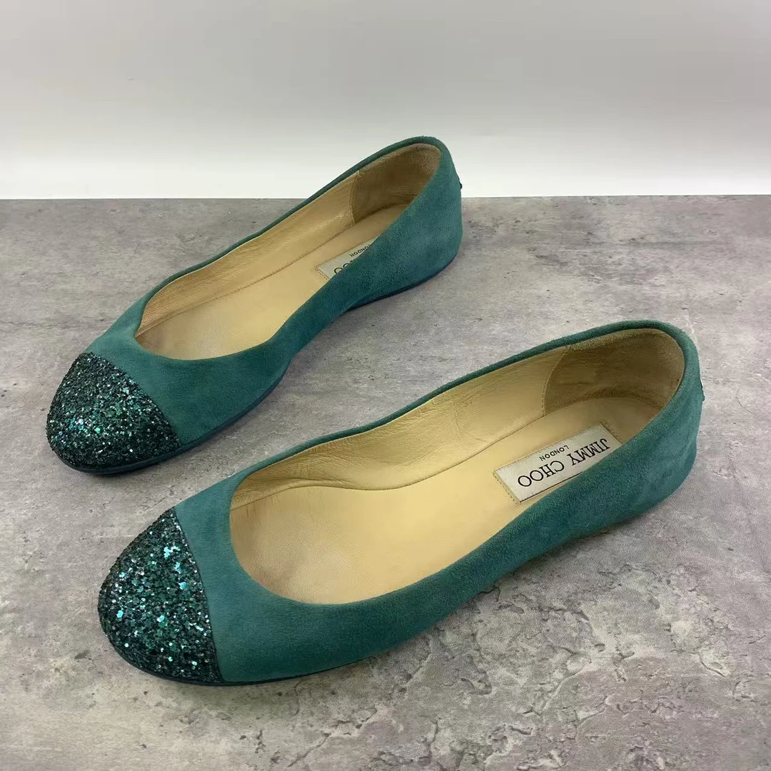 95新 JIMMY CHOO/吉米周 37码/仔仔女鞋/浅绿色经典平底单鞋 1410