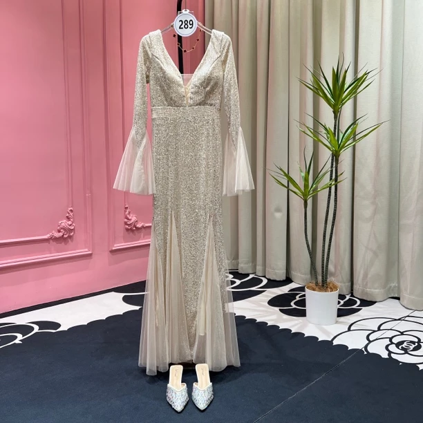 【欧一】289号 长袖V领纯色礼服长款连衣裙轻奢收腰法式修身名媛