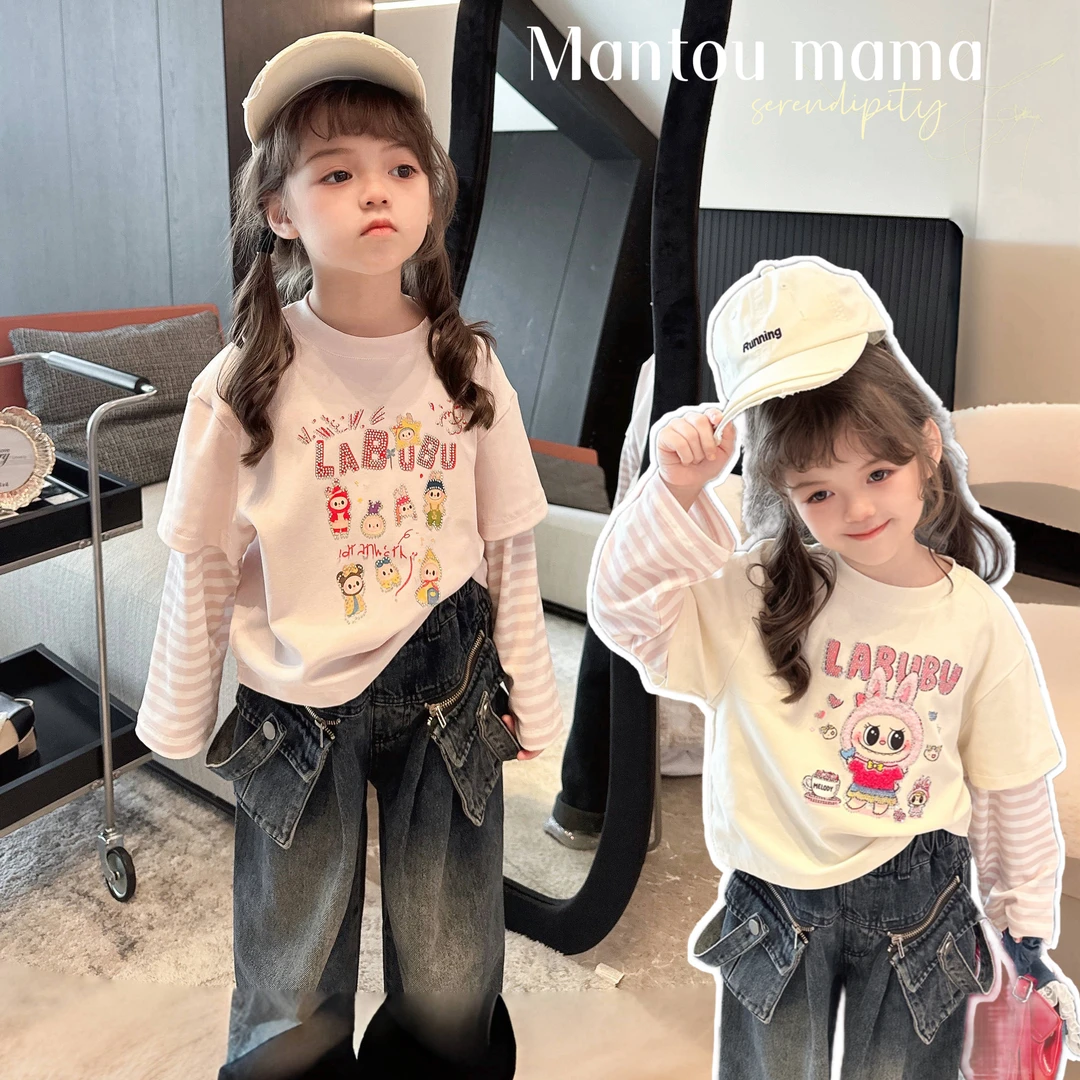 【Mt studio】3【新款】假两件条纹袖上衣女童春秋季气质可爱卡通精致