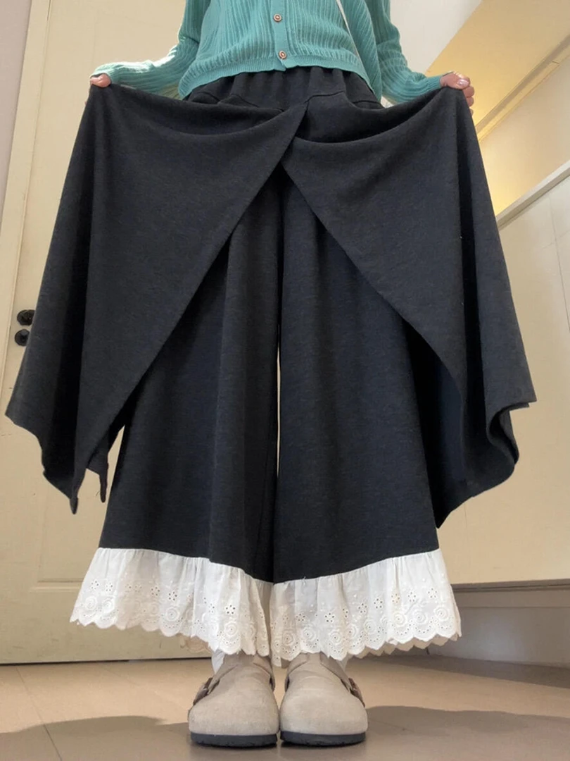 2025秋季新款高腰显瘦休闲裤宽松bf慵懒风秋黑色蕾丝花边阔腿裤女