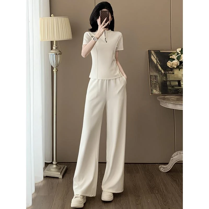 欧货高级感休闲运动套装女夏季修身收腰显瘦短袖上衣阔腿裤两件套