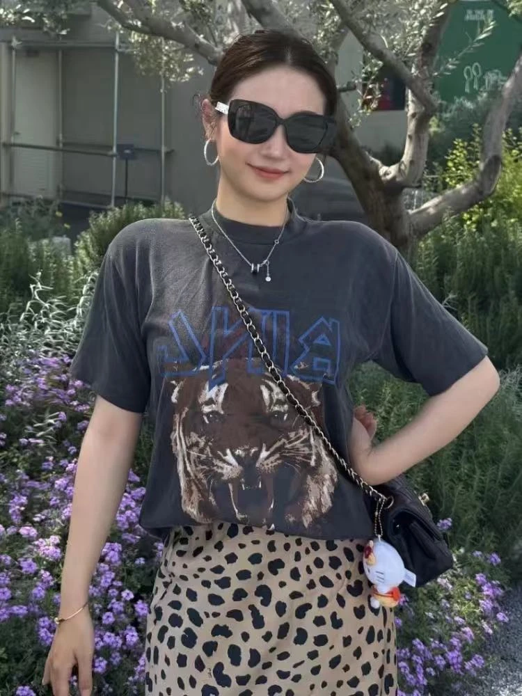 情侣款深灰色老虎印花t恤女2025夏季新款宽松韩系小众不撞款上衣