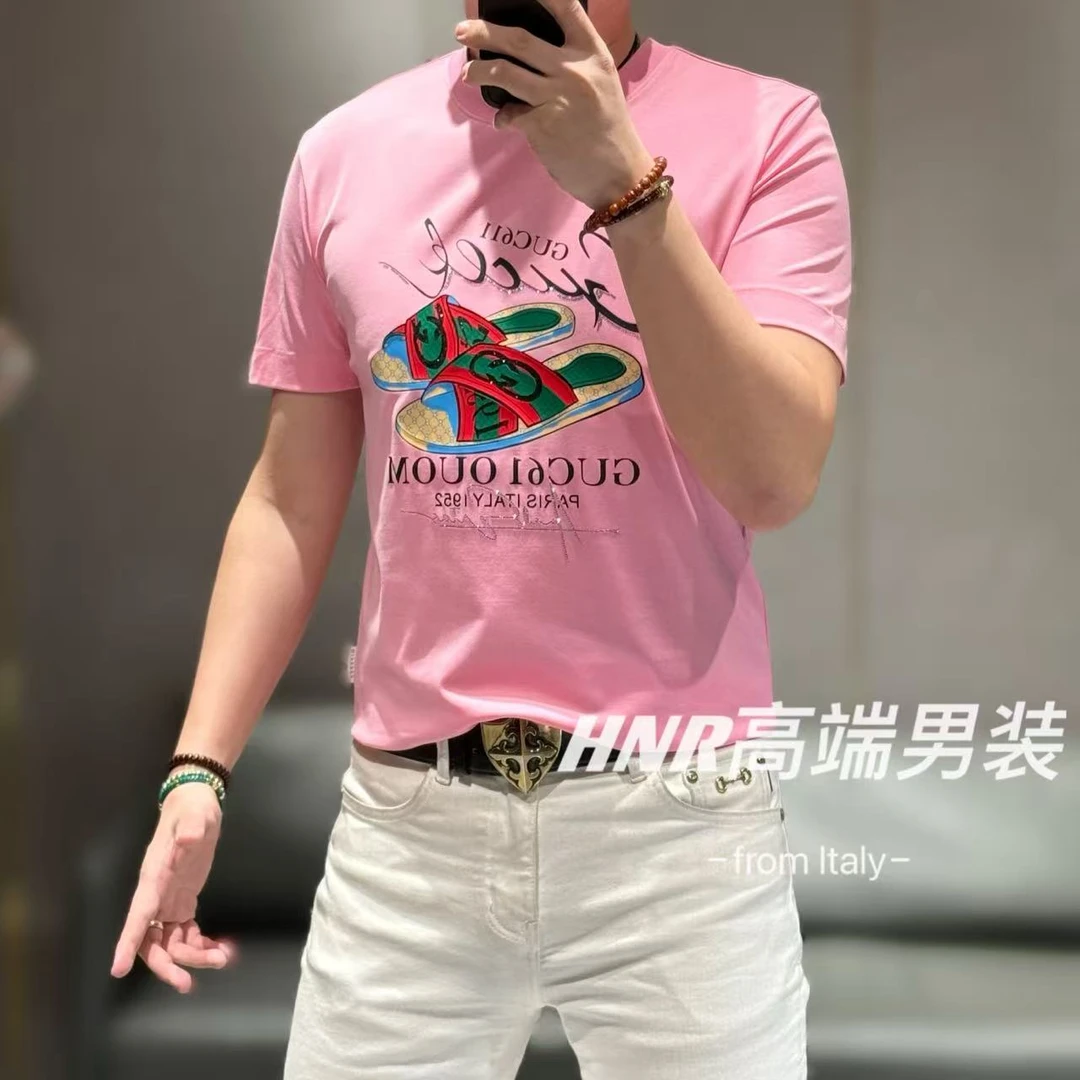 潮牌拖鞋图案莫代尔棉混纺面料新款春夏新品T恤55060