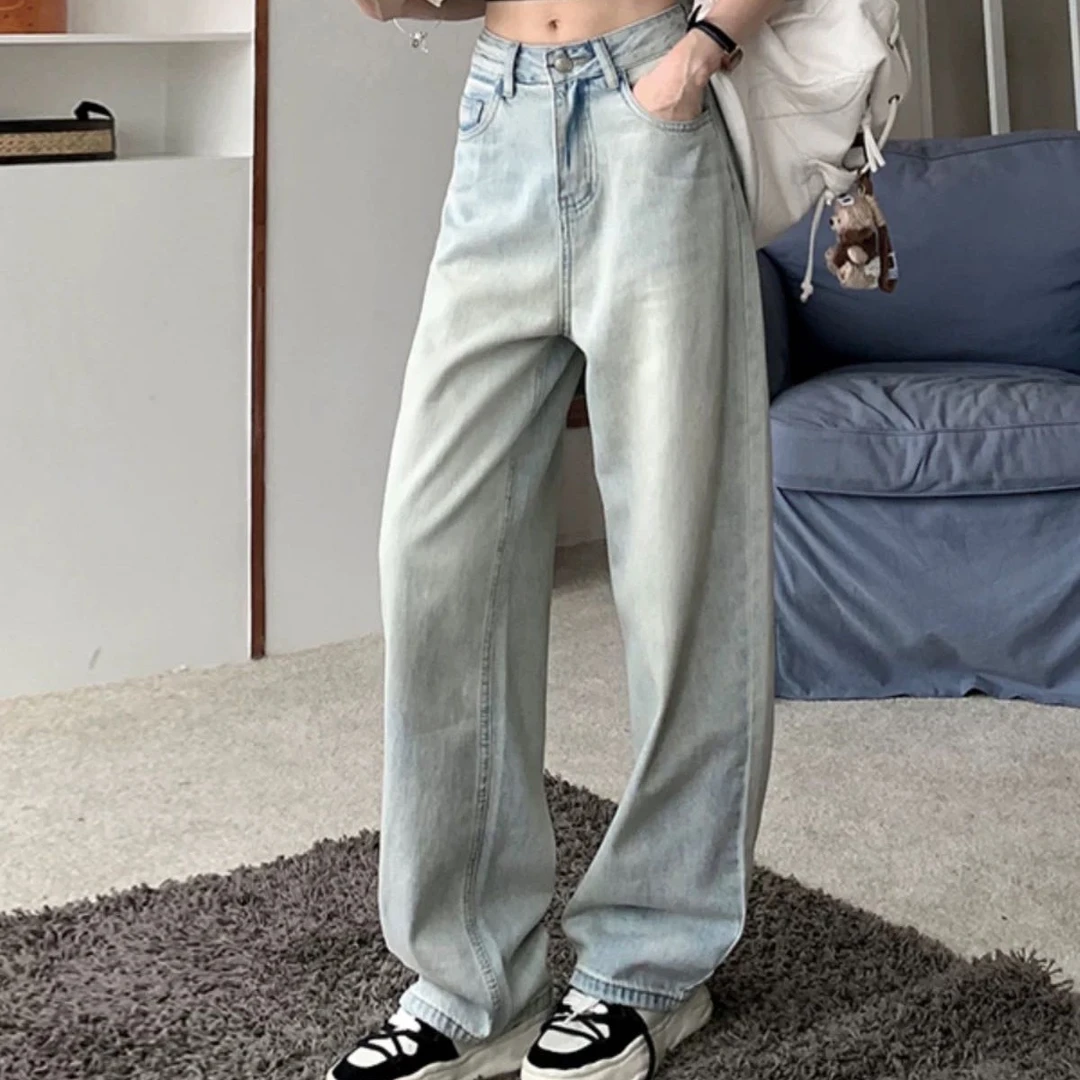 636 白蓝撞色拼色复古浅色阔腿牛仔裤高腰宽松直筒拖地裤