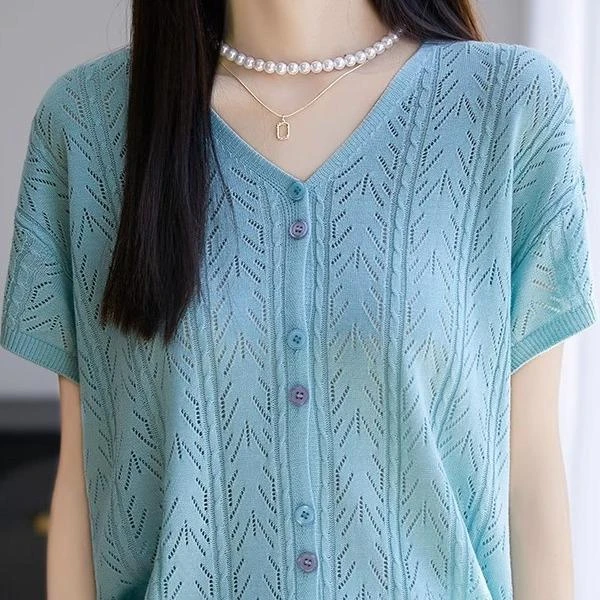 韩系简约新款V领镂空冰丝针织衫开衫上衣试试百搭显瘦小香风t恤