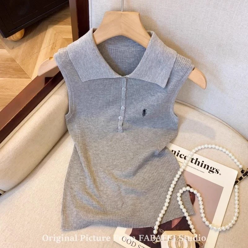 杏色小马刺绣吊带背心外穿女2025夏季针织衫韩系polo领无袖小上衣