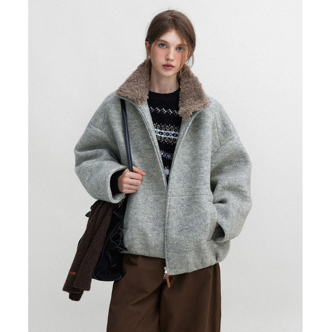 哥德堡 法式复古翻领可拆卸毛领蝙蝠袖型夹克2025秋冬通勤短外套