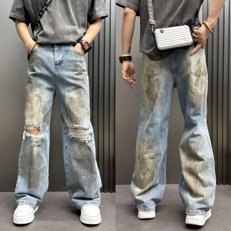 美式阔腿裤高街脏脏裤子男士水洗复古街头宽松毛边破洞直筒牛仔裤