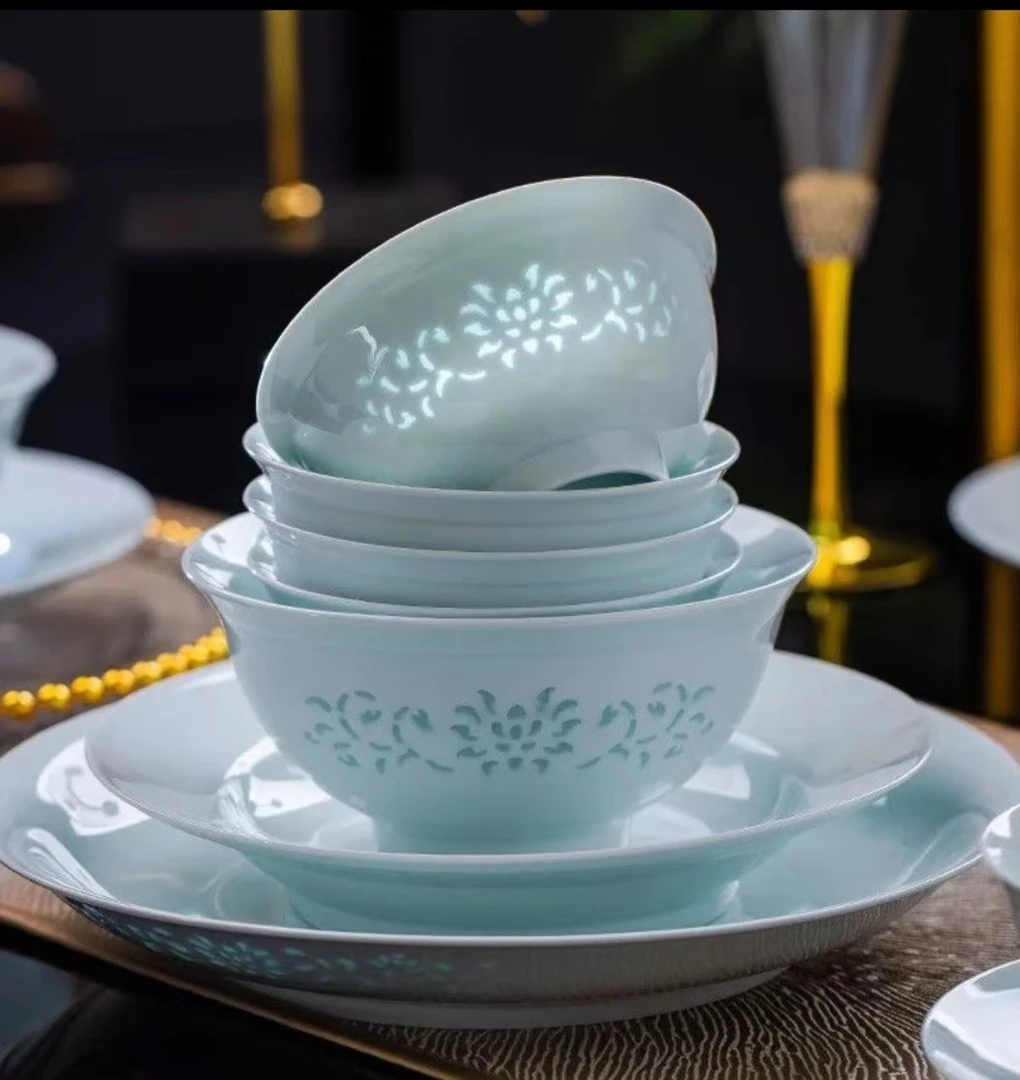 景德镇青瓷玲珑餐具家用饭碗面碗深盘釉下彩高档中式碗碟乔迁送礼