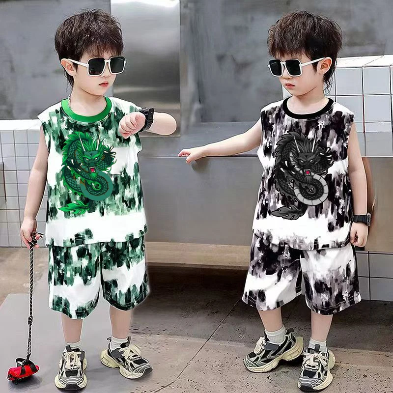 儿童卡通风无袖套装2025夏季新款中小童宝宝运动套装薄款背心短裤