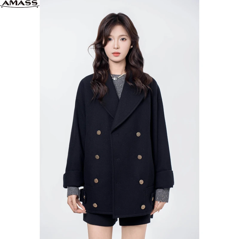 AMASS/阿玛施新款双排扣秋冬毛呢大衣女宽松气质时尚纯色 5400821