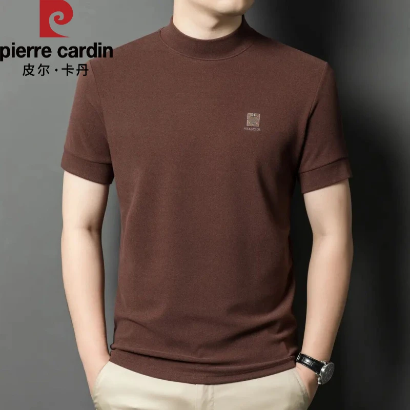 皮尔卡丹石墨烯短袖半高领打底衫男士德绒半袖保暖时尚纯色T恤潮