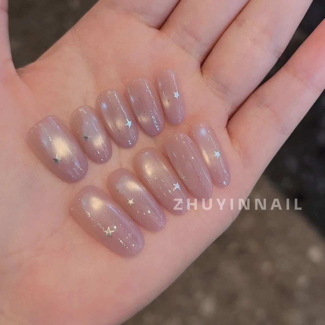 【西米露 】祝音手工穿戴甲裸色手绘线条星星猫眼美甲穿戴甲