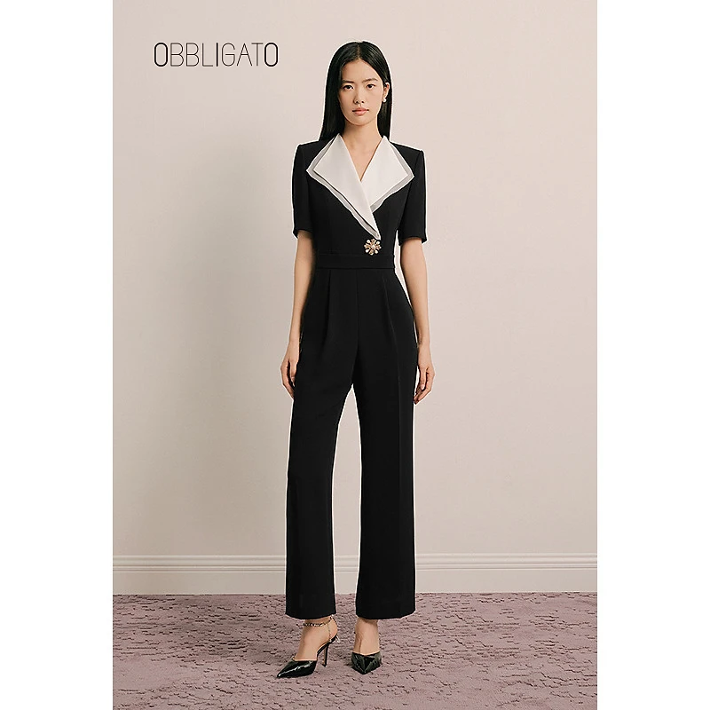 OBBLIGATO奥丽嘉朵2025夏季1C35202100新品撞色绣花扣收腰连体服