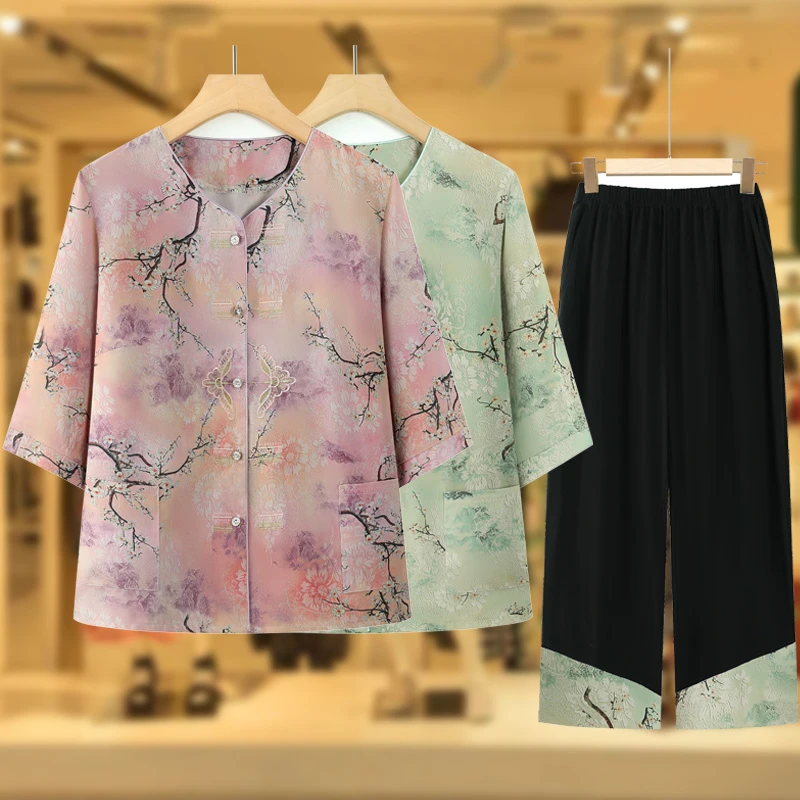 妈妈夏装中老年女装夏老年人夏女装中袖套装老太太奶奶夏季衣服