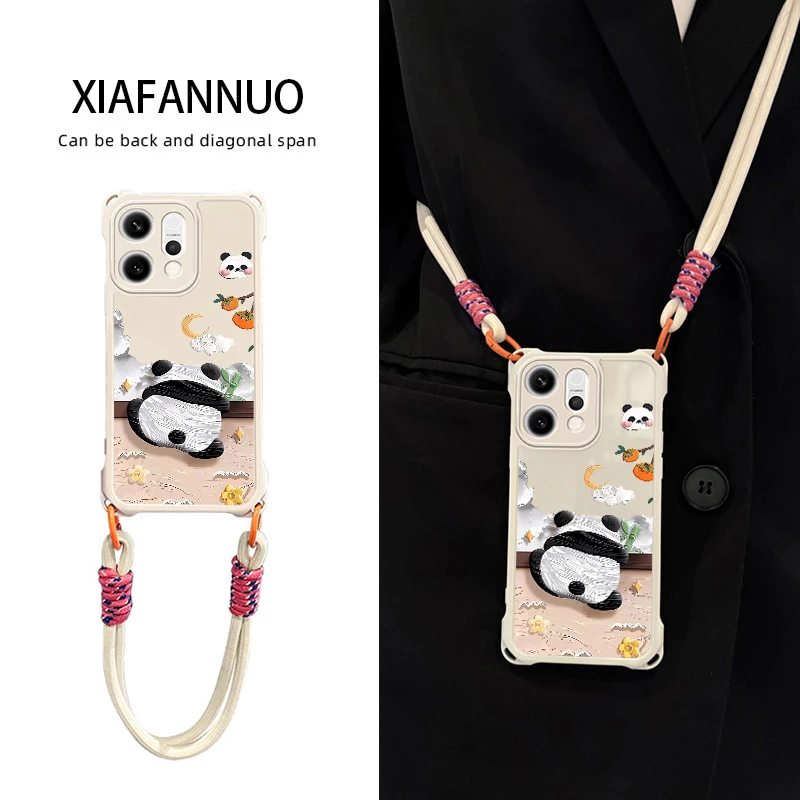 可爱熊猫适用opporeno14手机壳新款reno14pro外壳oppo全包13斜挎