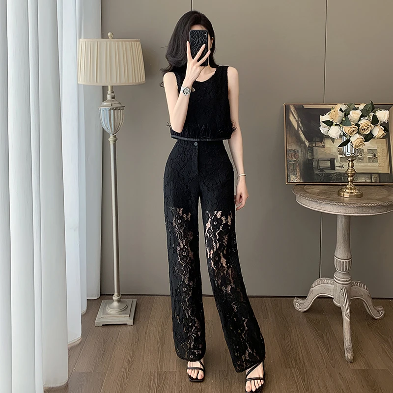 法式时尚套装女2025夏季新款气质显瘦复古镂空长裤无袖上衣两件套