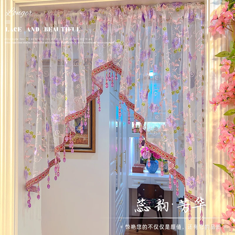 【加密刺绣】花卉加密绣门帘免打孔纱帘三角形造型帘卧室隔断门帘