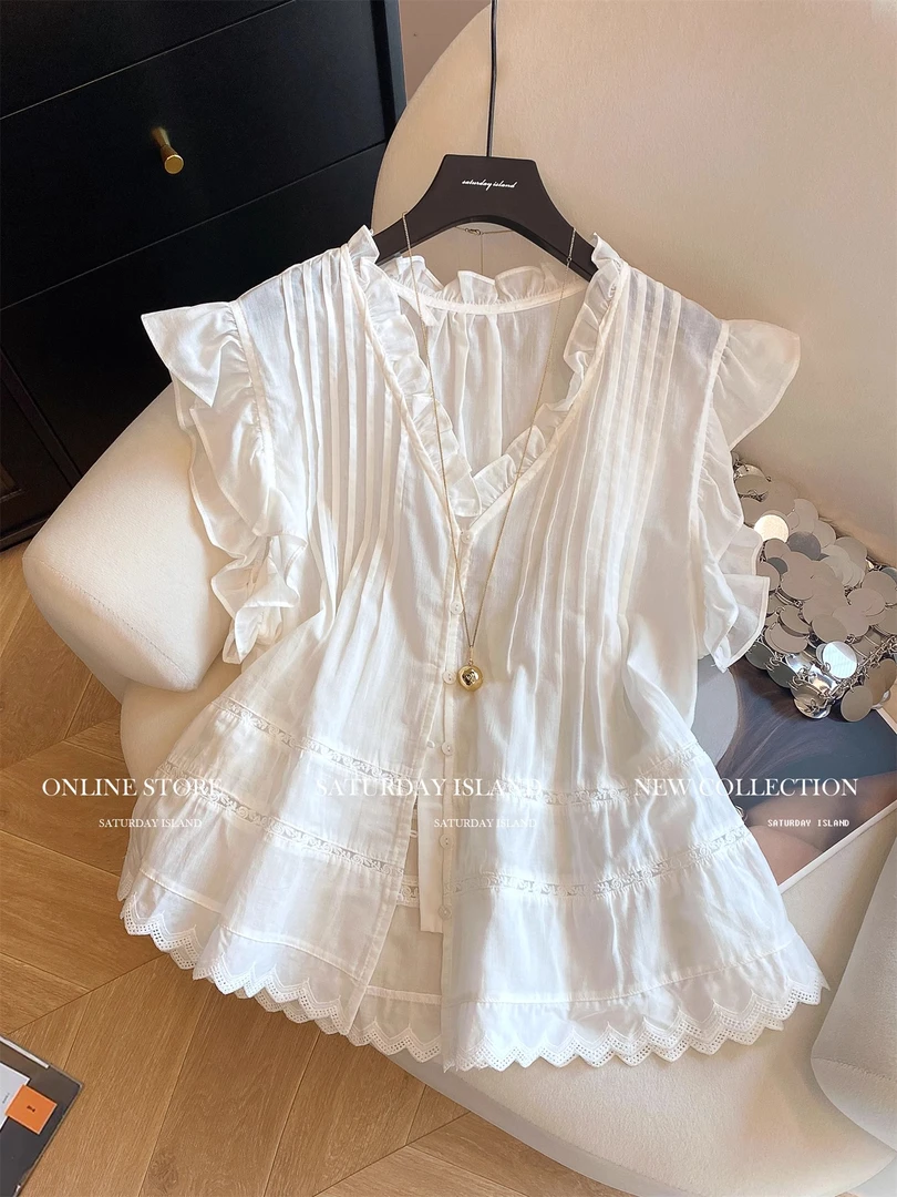 韩系设计感蕾丝木耳边V领小飞袖衬衫女2025夏季新款时尚百搭上衣