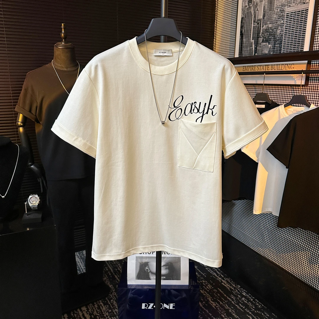 原创设计字母印花口袋时尚休闲夏季半袖宽松男士圆领百搭短袖