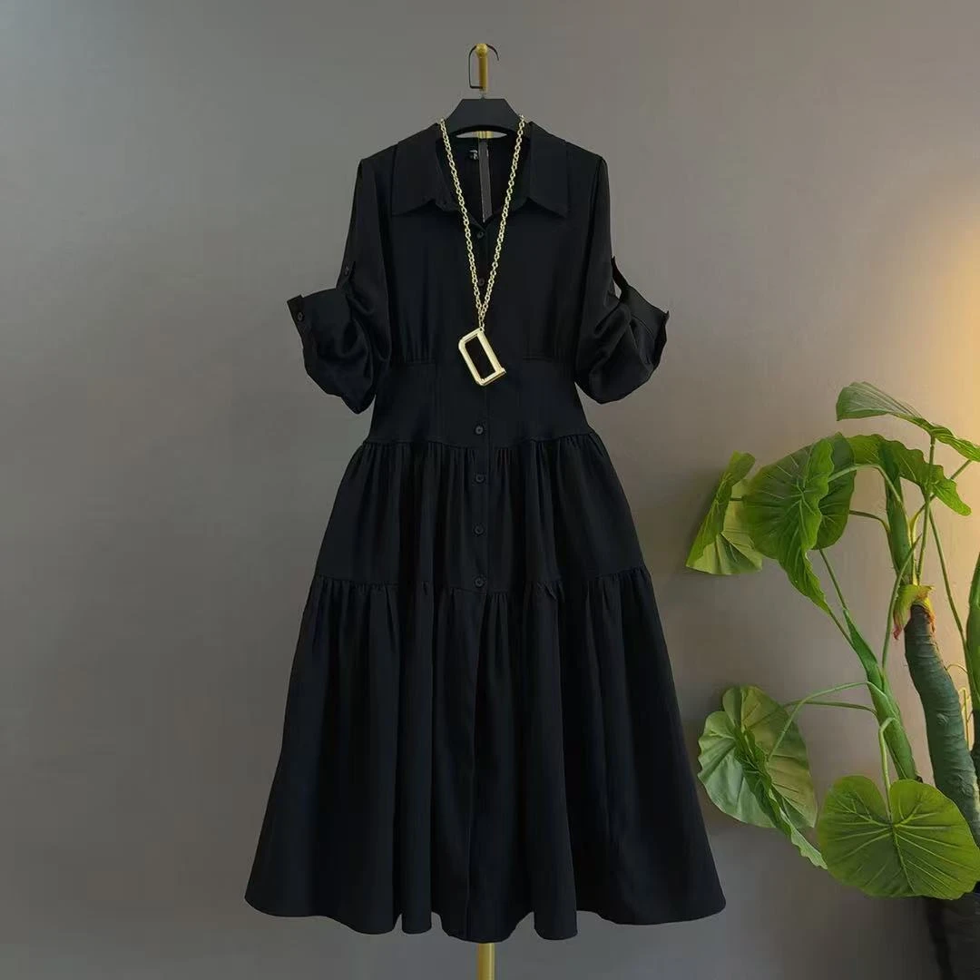 纯色褶皱拼接A字裙秋季中腰连衣裙时尚显瘦法式赫本风大码连衣裙