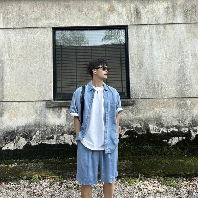 PPFStudio休闲工装薄款宽松复古牛仔短袖衬衫衬衣男生夏新款上衣