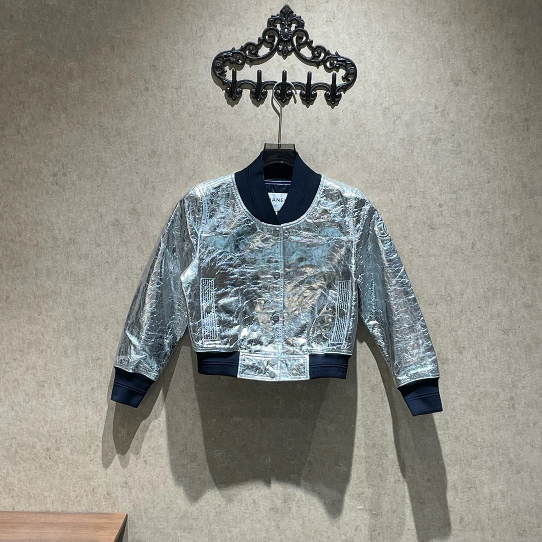 99新 Chanel/香奈儿 银色双C银扣飞行员夹克外套/34码/31245