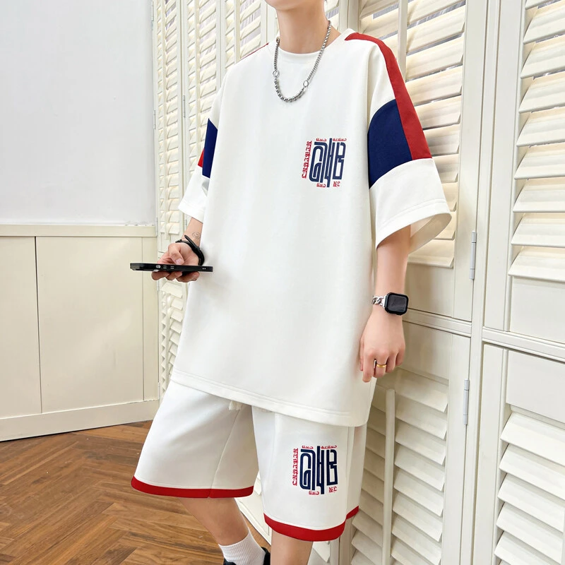 青少年短袖t恤男夏季新款宽松休闲运动套装男装潮流帅气两件套男