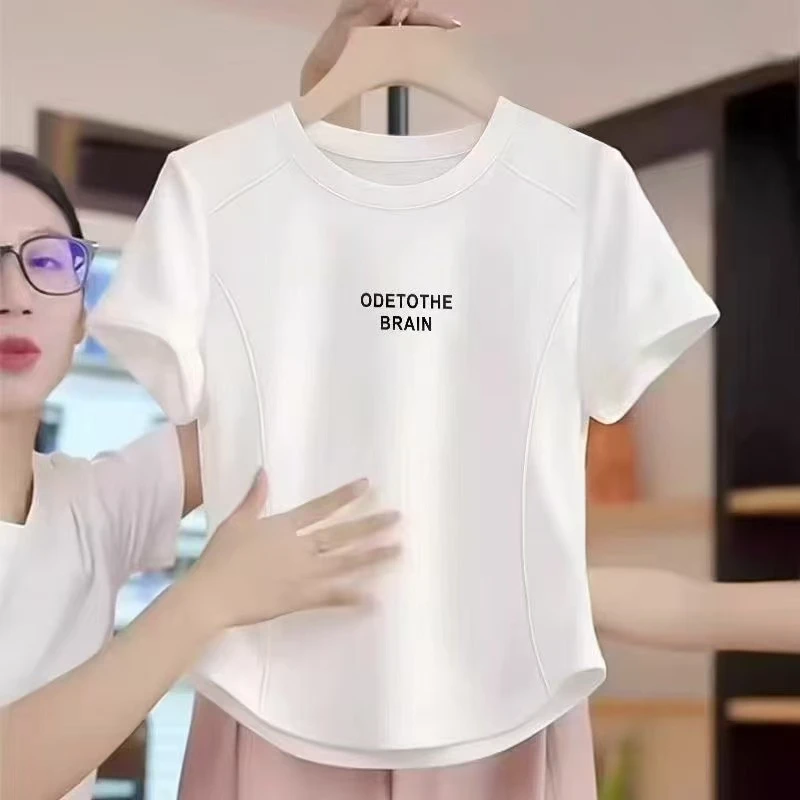 圆领新款大码女装胖妹妹字母立体休闲设计感时尚气质百搭短袖T恤