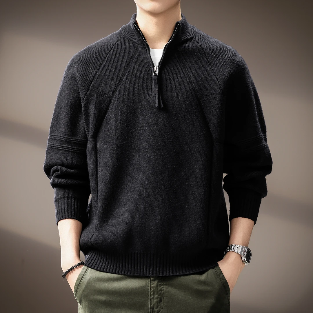 高端半高领拉链纯色毛衣男士2025秋季新款宽松套头拼接打底针织衫