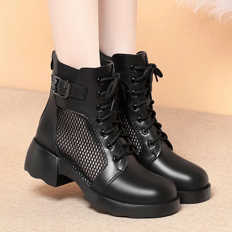 网面透气女靴真皮薄款马丁靴女夏季网纱凉靴厚底镂空女鞋短靴女
