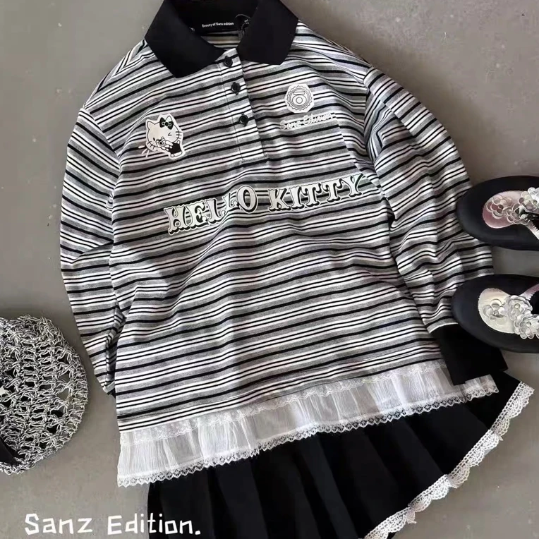 501童装条纹蕾丝花长袖T