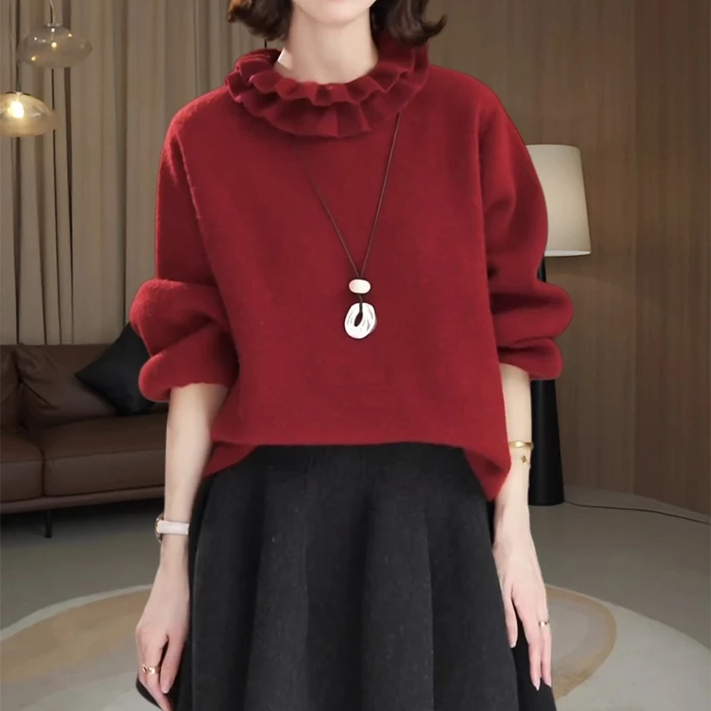 La Chapelle/拉夏贝尔秋冬款卫衣上衣红色圆领长袖慵懒甜美韩系女