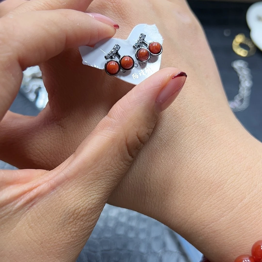 烟晶手链银S925镶嵌南红樱桃耳钉