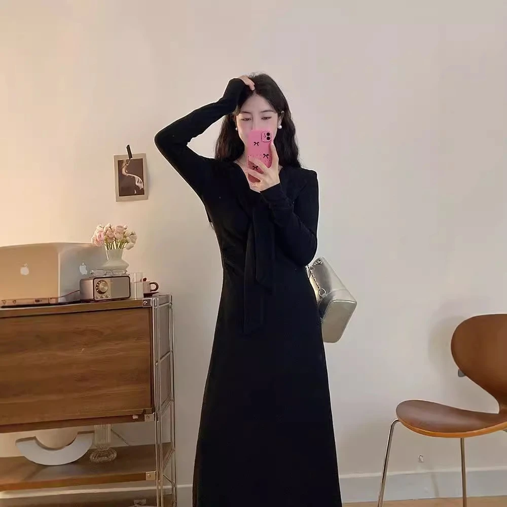 新款早秋连衣裙子小个子女装长裙气质高级感女装长袖初秋针织包臀
