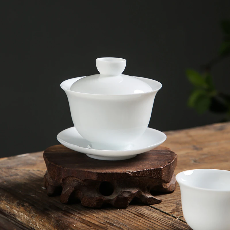 羊脂玉三才盖碗单个白瓷高档泡茶碗潮州茶杯薄胎陶瓷家用功夫茶具