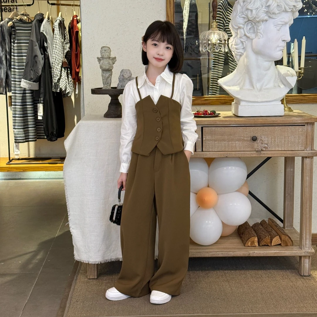 女童韩范套装2025年儿童假两件衬衫阔腿裤中大童春秋装西装两件套