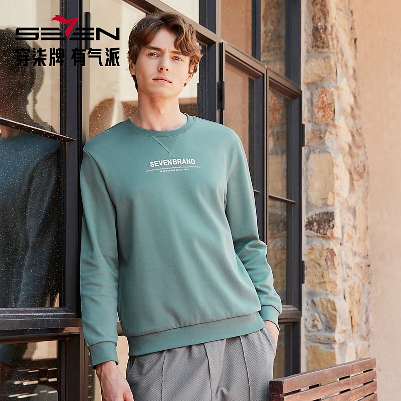 【抗静电】柒牌男士卫衣2025秋季新款时尚字母印花宽松圆领上衣