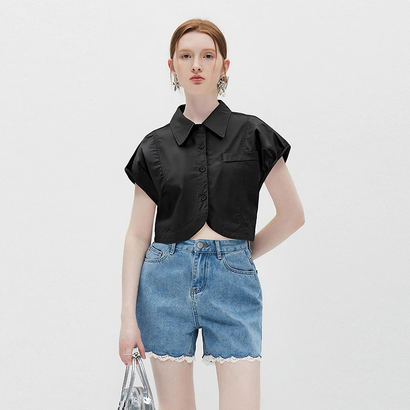 翻领褶皱弹力收腰短款飞袖衬衫女小众时尚上衣夏季新款