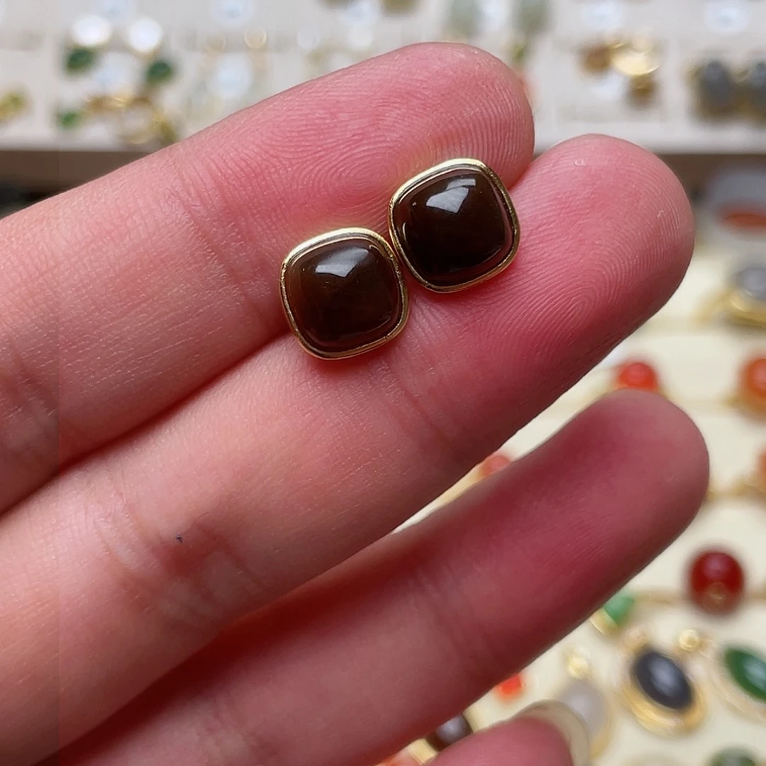 和田玉耳钉银S925镶嵌