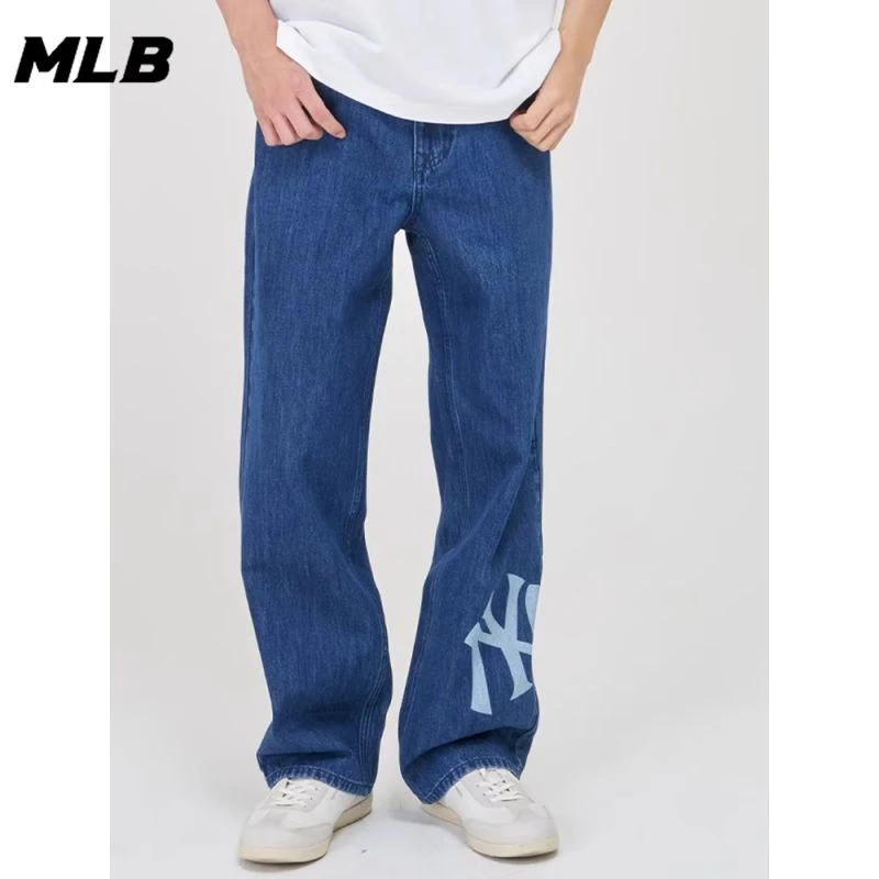 MLB24春夏牛仔裤男NY刺绣印花宽松休闲直筒长裤新款官方专柜正品