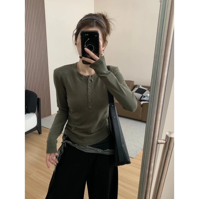 JMHH【包包菜】包扣打底衫T恤女春秋修身显瘦百搭上衣长袖内搭