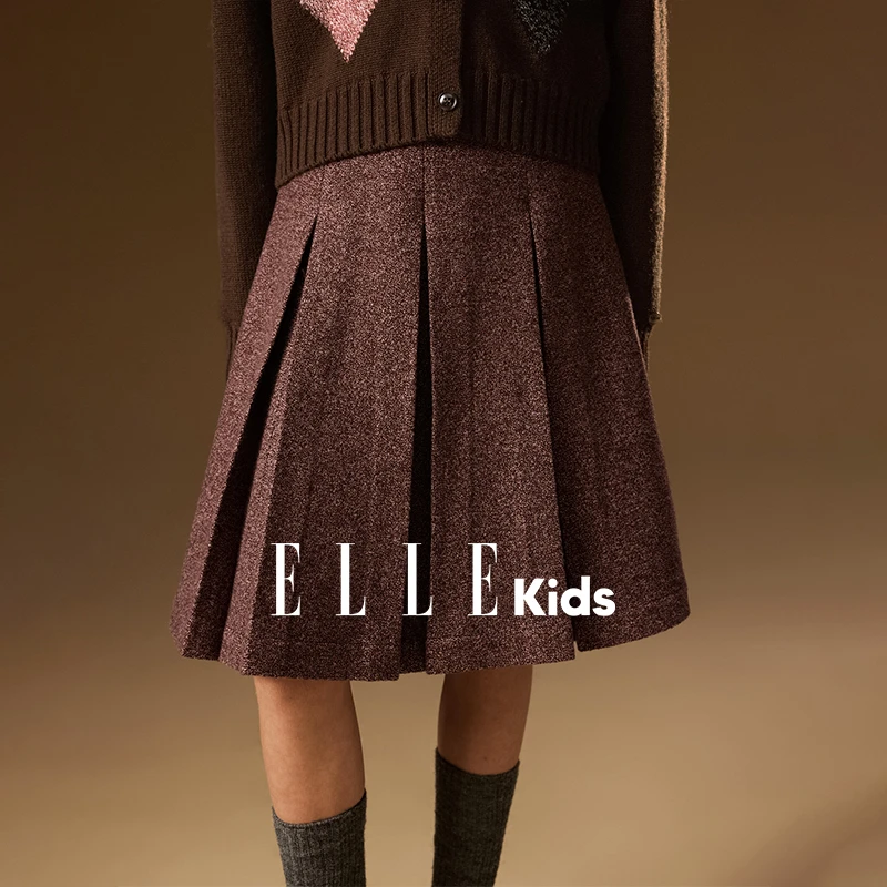 ELLE KIDS 花纱呢料百褶半裙女童秋冬新款学院高腰A字中长裙子D3